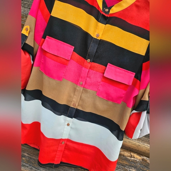 Collective Concepts Bright Stripe Colorful Half Sleeve Button Up Chiffon Blouse - Picture 6 of 11